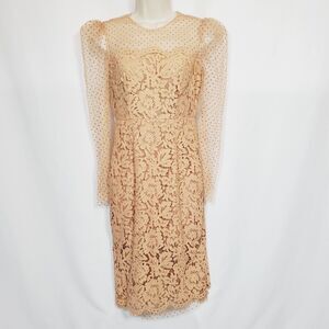 Azure Clothing Women’s Lace Midi Dress Medium Tan PolkaDot Sheer Puff Sleeve NWT